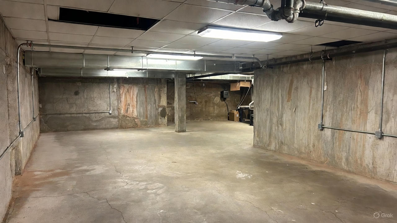 Basement before renovation - unfinished concrete walls and exposed utilities
