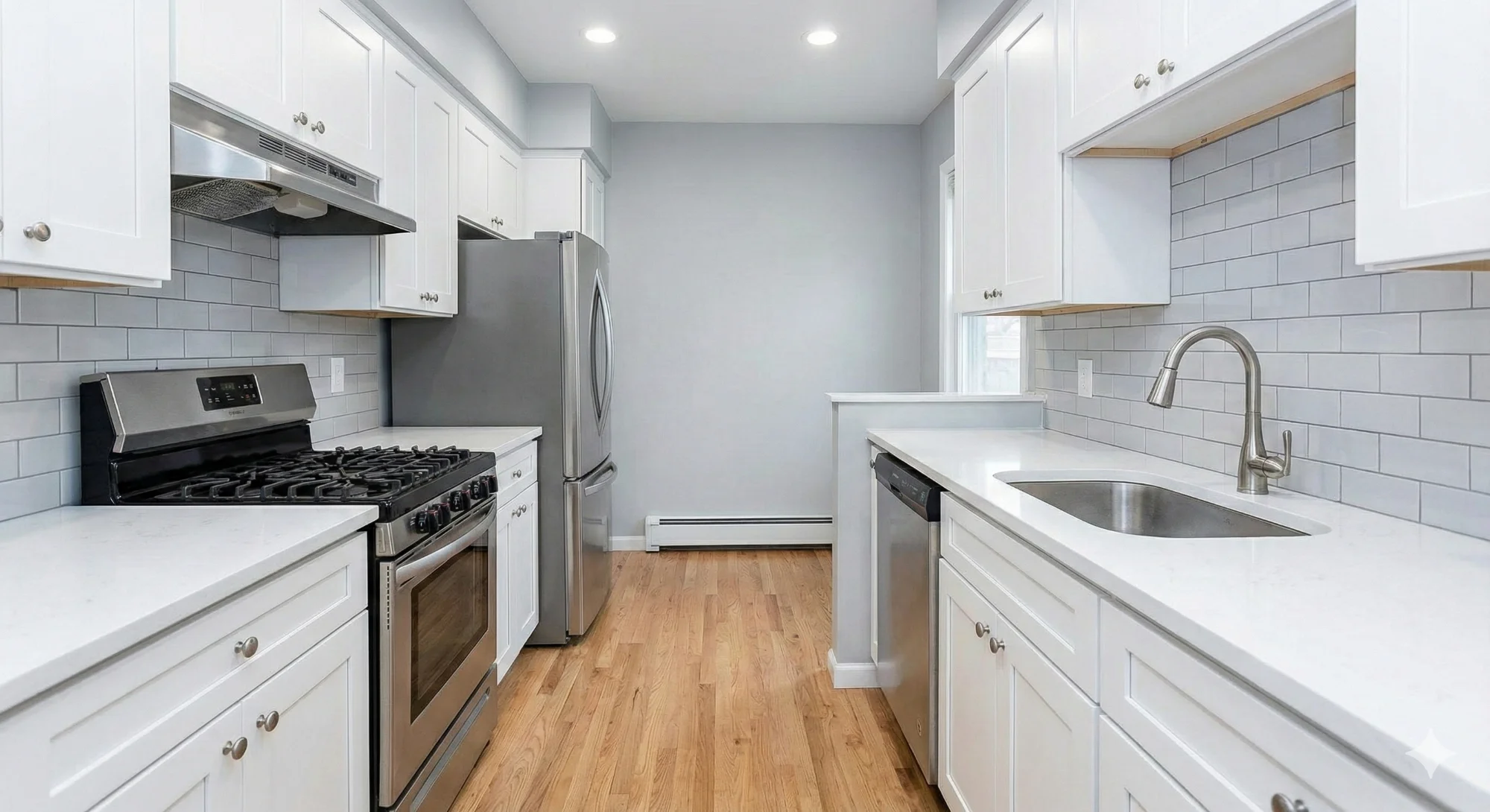 Kitchen after renovation - white shaker cabinets and quartz countertops