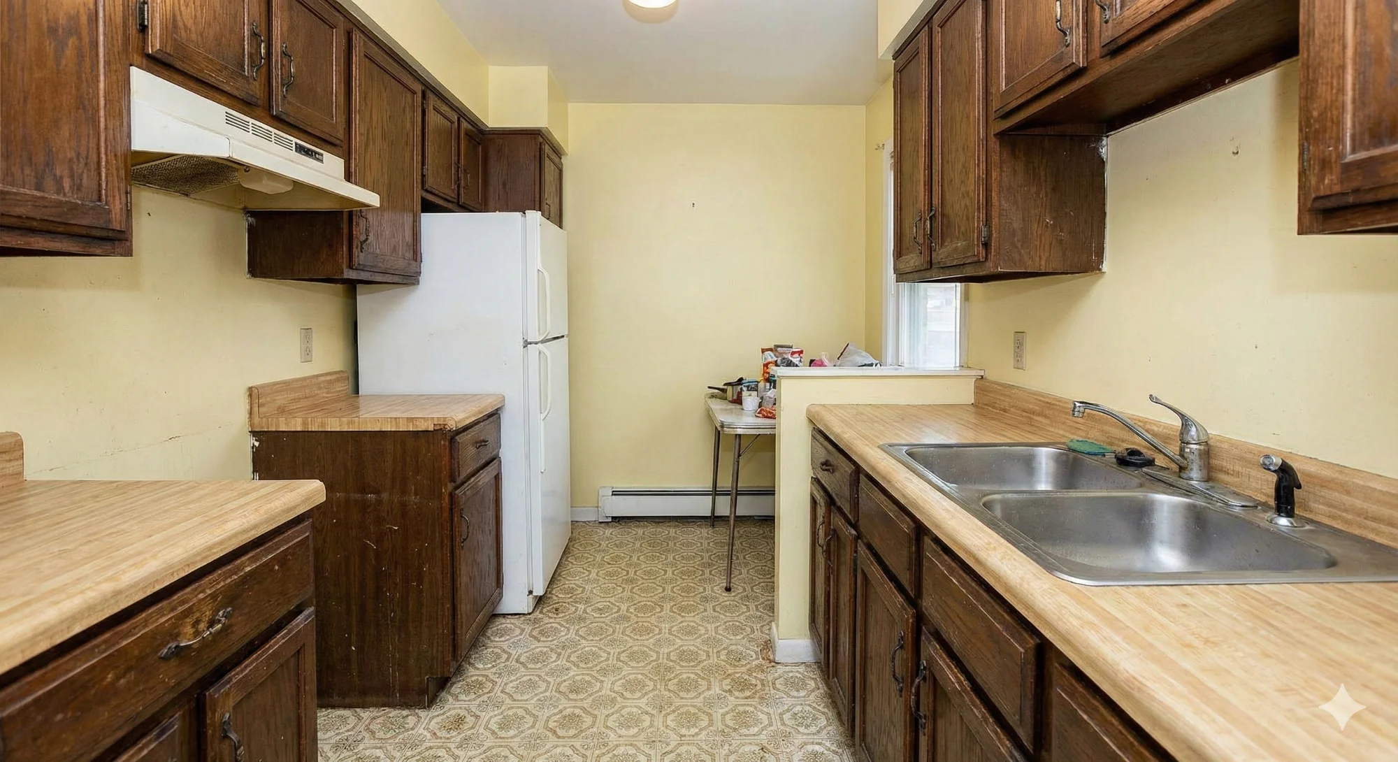 Kitchen before renovation - dated oak cabinets and laminate countertops